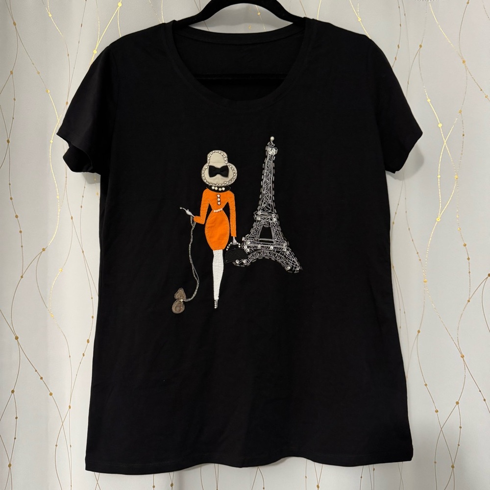 Black Women's Paris Graphic Tee with Orange Accent